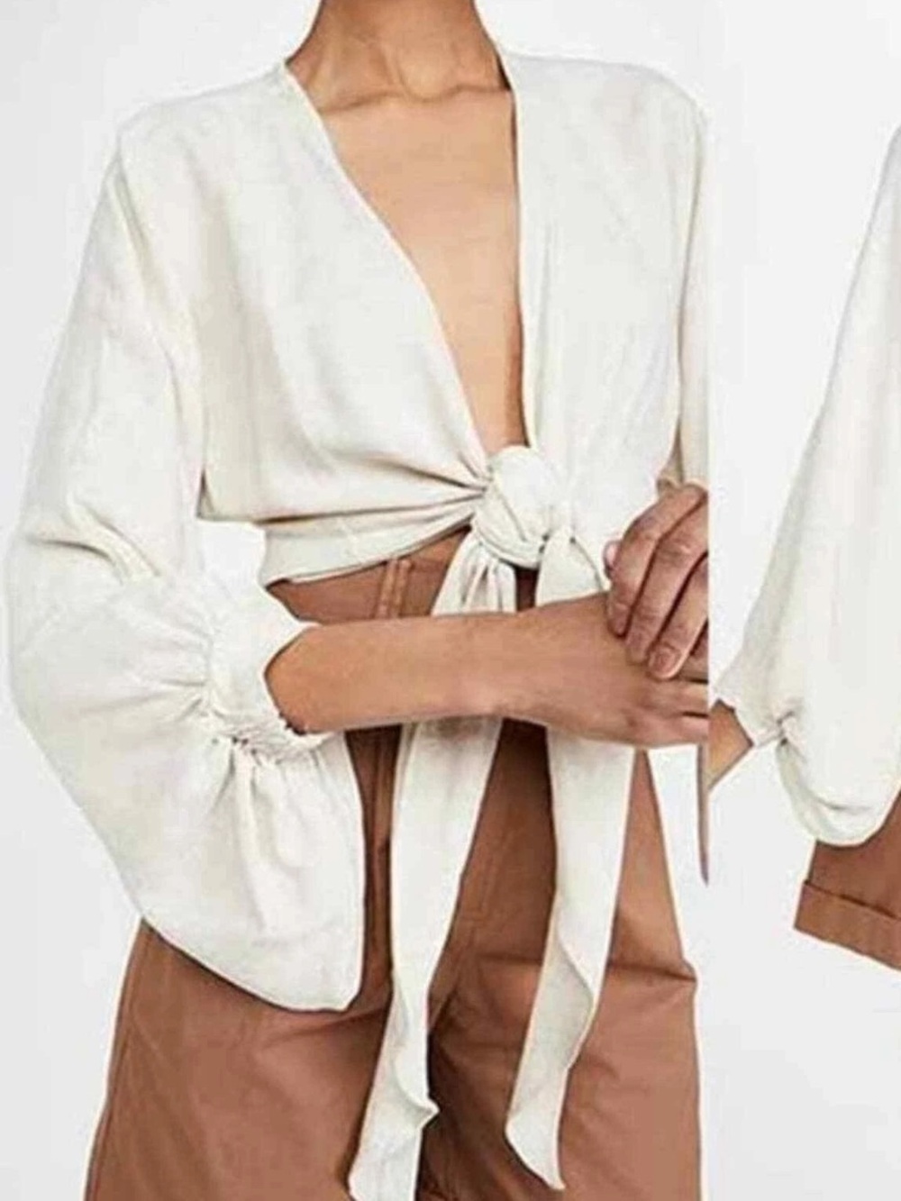 Just Bee Queen Adri Wrap Tie Balloon Sleeve Top In Natural Color Size Small